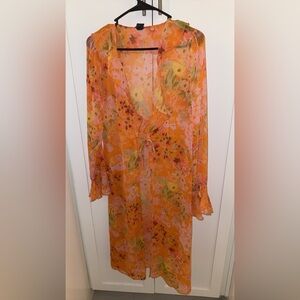 Floral Tie-Front Sheer Cover Up Top - Orange Pink